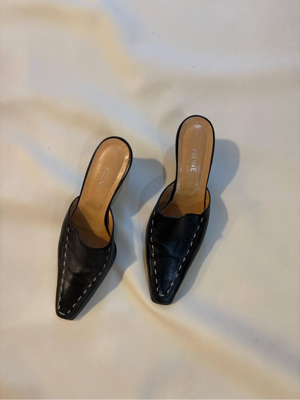 Prune Black Pointed Leather Mule Heels